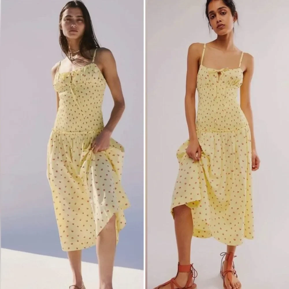 Free People Daze Strawberry Pattern Midi Dress Yellow XS